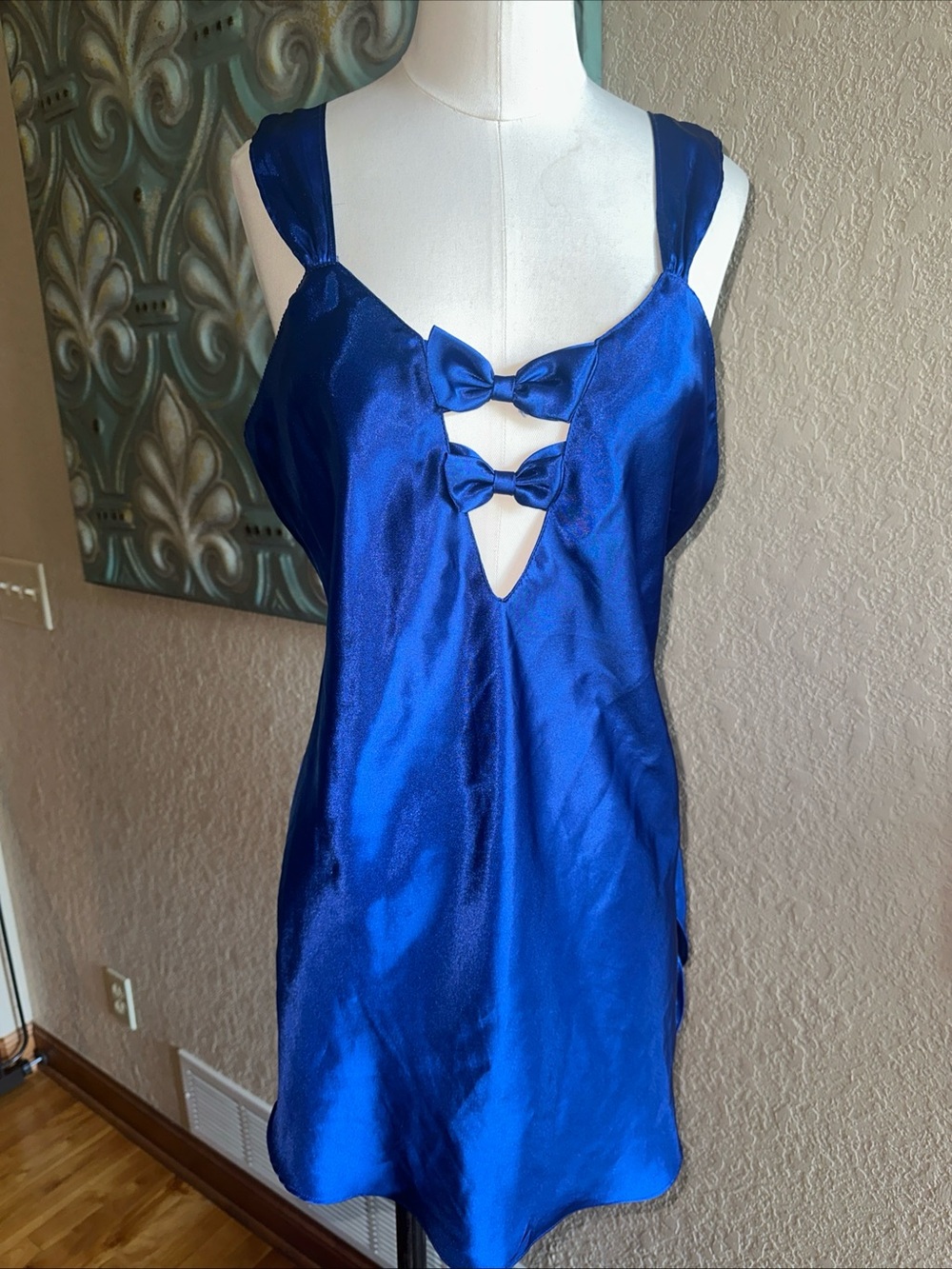 Vintage Josie Royal Blue Satin Babydoll Dress Bow Cutout Lingerie Nightgown M